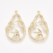 Brass Pendants, Nickel Free, teardrop, with Bamboo, Real 18K Gold Plated, 32x20x2~3.5mm, Hole: 1mm(KK-T038-541G-NF)
