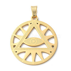 201 Stainless Steel Pendants, Laser Cut, Flat Round with Eye Charm, Golden, 34x30x1.5mm, Hole: 7x5mm(STAS-D041-13G)