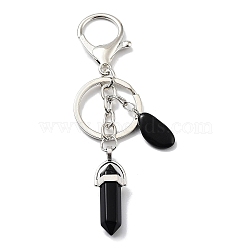 Natural Obsidian Keychain, with Platinum Plated Iron Split Key Rings, Bullet, 11~11.2cm(KEYC-M022-05I)