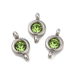 304 Stainless Steel Single Rhinestone Connector Charms, Flat Round Links, Stainless Steel Color, Peridot, 12x6.5x4mm, Hole: 2mm(STAS-E194-13P-08)