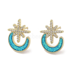 Real 18K Gold Plated Brass Micro Pave Cubic Zirconia Stud Earrings, Synthetic Opal Earrings, Cadmium Free & Lead Free, Long-Lasting Plated, Moon, 18.5x13.5mm(EJEW-C069-01B-G)