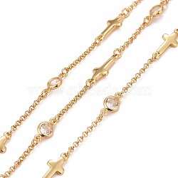 Brass Rolo Chains, with Cross & Cubic Zirconia Flat Round Links, Unwelded, with Spool, Cadmium Free & Nickel Free & Lead Free, Real 18K Gold Plated, Links: 9x4.5x2.5mm, 13x5x1.5mm(CHC-I044-03G)