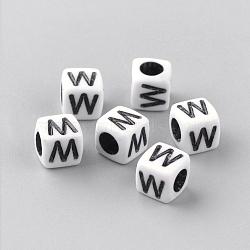 Opaque Acrylic Beads, Letter Style, Cube, Letter.W, 6x6x6mm, Hole: 3mm, about 3000pcs/500g(SACR-Q188-02W)