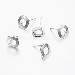 Non-Tarnish 304 Stainless Steel Stud Earring Findings, with Loop, Square, Stainless Steel Color, Pin: 0.8mm, 9.5x9.5x1mm, Hole: 2mm(STAS-I071-15P)