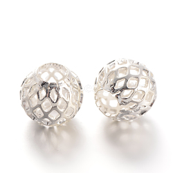 Hollow Round Brass Filigree Beads, Filigree Ball, Silver Color Plated, 10x9mm, Hole: 4.5mm(KK-L129-12S)
