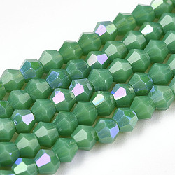 Opaque Solid Color Electroplate Glass Beads Strands, AB Color Plated, Faceted, Bicone, Medium Sea Green, 2.9~3.3x2.5mm, Hole: 0.7mm, about 145~150pcs/strand, 16.34~16.54 inch(41.5~42cm)(EGLA-A039-P2mm-L08)