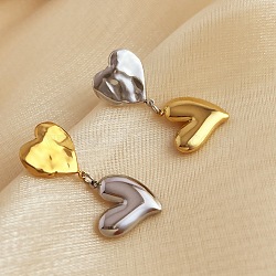 304 Stainless Steel Dangle Stud Earrings, Real 18K Gold Plated & Stainless Steel Color, Heart, 34x14.5mm(EJEW-K296-02GP-02)