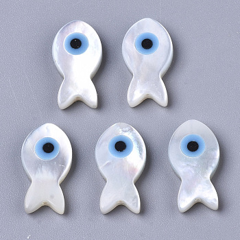 Natural White Shell Mother of Pearl Shell Beads, with Synthetic Turquoise, Fish with Evil Eye, Deep Sky Blue, 15x8x3mm, Hole: 0.7mm