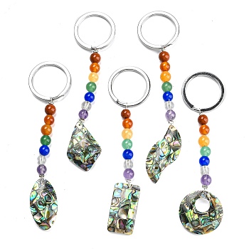 Abalone Shell Keychain, with Alloy Key Rings and Gemstone Beads, Mixed Shapes, Mixed Shapes, 10.1~10.8cm, pendant: 73~83x15~16x6.5mm