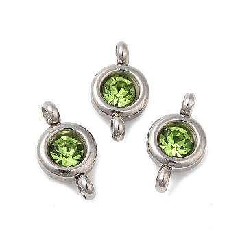 304 Stainless Steel Single Rhinestone Connector Charms, Flat Round Links, Stainless Steel Color, Peridot, 12x6.5x4mm, Hole: 2mm