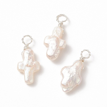 Copper Wire Wrapped Natural Keshi Pearl Pendants, Religion Cross Charms, Silver, 20.5~23.5x8.5~9.5x4mm, Hole: 2.5~3mm