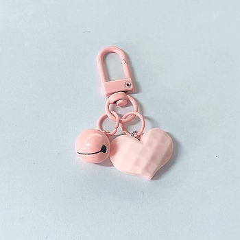 Acrylic Pendants Keychain, with Spray Painted Alloy Findings, Heart & Bell, Lavender Blush, 6cm