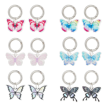 Printed Acrylic Shoe Charms, with Alloy Spring Gate Rings, Butterfly, Mixed Color, 53~60mm, 6 style, 2pcs/style, 12pcs/set