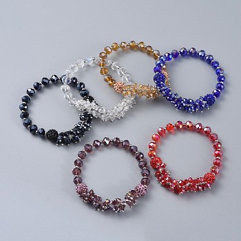 Faceted Glass Stretch Bracelets, with Polymer Clay Rhinestone Round Beads and 304 Stainless Steel Spacer Beads, Mixed Color, 1-7/8 inch(4.8cm)