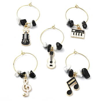 Music Theme Alloy Wine Glass Charms, Synthetic White Howlite Chip with Natural Obsidian Chip, Mixed Shapes, 48~55mm