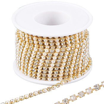 Plastic Pearl & Rhinestone Cup Chains, with Iron Base, Link Chains, Golden, 3x3mm