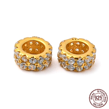 925 Sterling Silver Spacer Beads, with Cubic Zirconia, Column, Real 18K Gold Plated, 5.5x2.6mm, Hole: 3.3mm