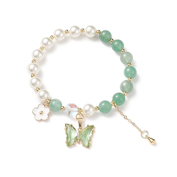 Round Natural Green Aventurine & Shell Pearl Beaded Stretch Bracelet, Glass Butterfly & Brass Flower Charms Bracelet for Women, Inner Diameter: 2 inch(5.1cm)