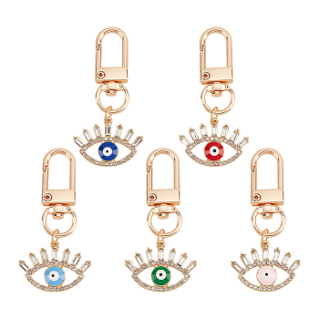 5Pcs 5 Colors Evil Eye Alloy Rhinestones Pendant Decoration, Swivel Clasps Charms, Clip-on Charms, for Keychain, Purse, Backpack Ornament, Mixed Color, 54mm, 1pc/color