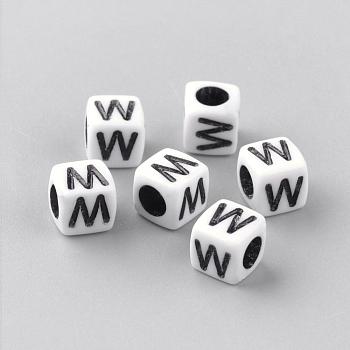 Opaque Acrylic Beads, Letter Style, Cube, Letter.W, 6x6x6mm, Hole: 3mm, about 3000pcs/500g