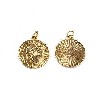 Brass Pendants, with Jump Rings, Nickel Free, Flat Round with Woman, Real 18K Gold Plated, 21x18x2mm, Jump Ring: 5x1mm, 3mm inner diameter