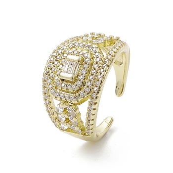 Rack Plating Brass Micro Pave Cubic Zirconia Open Cuff Rings, Octagon, Real 18K Gold Plated, Inner Diameter: 18mm