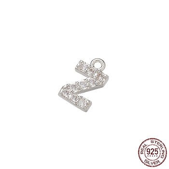 Real Platinum Plated Rhodium Plated 925 Sterling Silver Micro Pave Clear Cubic Zirconia Charms, Initial Letter, Letter Z, 8.5x5x1.5mm, Hole: 0.9mm