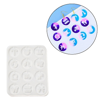 12 Constellations Flat Round DIY Silicone Molds, Resin Casting Molds, for UV Resin, Epoxy Resin Craft Making, White, 113x90x5mm, Hole: 2mm, Inner Diameter: 25mm