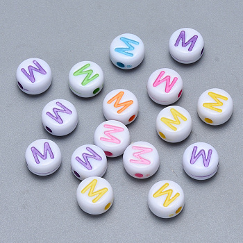 Craft Acrylic Horizontal Hole Letter Beads, Flat Round, Mixed Color, Letter.M, 7x3.5~4mm, Hole: 1.5mm, about 3600pcs/500g