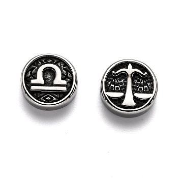 304 Stainless Steel Beads, Flat Round with Twelve Constellations, Antique Silver, Libra, 10x4mm, Hole: 1.8mm