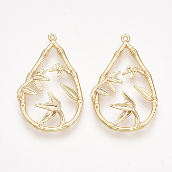 Brass Pendants, Nickel Free, teardrop, with Bamboo, Real 18K Gold Plated, 32x20x2~3.5mm, Hole: 1mm