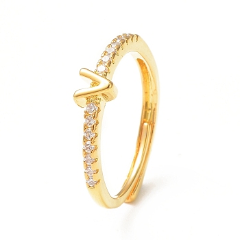 Clear Cubic Zirconia Initial Letter Adjustable Ring, Golden Brass Jewelry for Women, Letter.V, Inner Diameter: 18mm