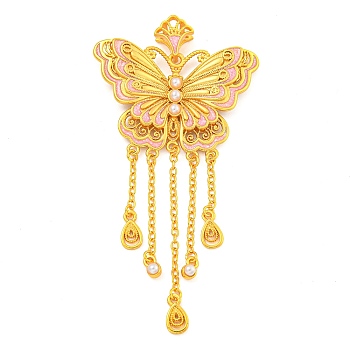 Rack Plating Brass Enamel Big Pendants, with ABS Imitation Pearl, Cadmium Free & Lead Free, Real 18K Gold Plated, Long-Lasting Plated, Butterfly Charm, Pink, 75x38x4.5mm, Hole: 2x3.5mm