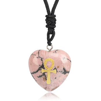 Natural Rhodonite Heart Engraved AnKh Cross Pendant Personalized DIY Necklaces