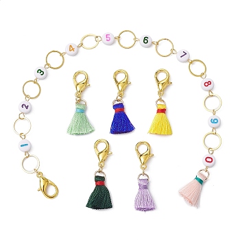 6 Style Number Acrylic Beaded Knitting Row Counter Chains & Locking Stitch Markers Kits, with Nylon Thread Tassel Pendant, Mixed Color, 3.5~24.8cm