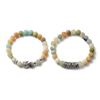 Natural Amazonite Stretch Bracelets Set with Alloy Owl Beaded, Gemstone Jewelry for Women, 7-1/2 inch(19cm), 1Pc/style