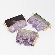 Natural Druzy Amethyst Links connectors, Rectangle, with Brass Finding, Golden, 23~33x44~50x7~10mm, Hole: 2mm(G-G895-12G)