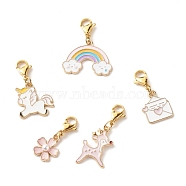 Alloy Enamel Pendant Decorates, Deer & Unicorn & Sakura Flower & Envelope & Rainbow, with 304 Stainless Steel Lobster Claw Clasps, Mixed Color, 27~29mm(HJEW-JM00588)