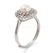 Flower Natural Pearl & Cubic Zirconia Finger Rings, Rhodium Plated 925 Sterling Silver Adjustable Ring for Women, Platinum, Inner Diameter: 17mm(STER-Z009-06P)