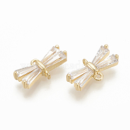 Brass Cubic Zirconia Links, Clear, Bowknot, Nickel Free, Real 18K Gold Plated, 6x12x2.5mm, Hole: 0.8mm(ZIRC-Q014-082G)