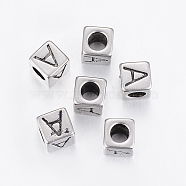 304 Stainless Steel Large Hole Letter European Beads, Cube with Letter.A, Antique Silver, 8x8x8mm, Hole: 5mm(STAS-H428-01AS-A)