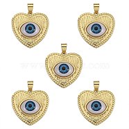 5Pcs Brass Pendants, with Resin Cabochons, Long-Lasting Plated, Heart with Evil Eye, Real 18K Gold Plated, Dodger Blue, 25x25x7mm, Hole: 5x3.5mm(KK-SZ0004-17)