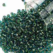 TOHO Round Seed Beads, Japanese Seed Beads, (756) 24K Gold Lined Aquamarine, 8/0, 3mm, Hole: 1mm, about 1110pcs/50g(SEED-XTR08-0756)