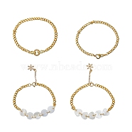 Brass Charm Bracelets & Curb Chain Bracelets Sets, with Natural Shell Links & Brass Micro Pave Clear Cubic Zirconia Fold Over Clasps, Golden, 4pcs/set(BJEW-SZ0001-005G)
