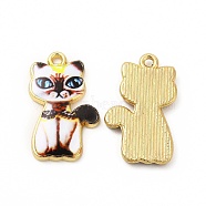 Rack Plating Alloy Pendants, Printed, Lead Free & Cadmium Free & Nickel Free, Cat Charm, Light Gold, White, 23x14x2mm, Hole: 1.6mm(FIND-H043-01LG-02)