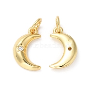 Rack Plating Brass Micro Pave Clear Cubic Zirconia Charms, with Jump Ring, Lead Free & Cadmium Free, Moon Charm, Real 18K Gold Plated, 14x10x3mm, Hole: 3.5mm(KK-D074-27G)