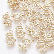 Brass Cubic Zirconia Charms, Letter, Clear, Real 18K Gold Plated, Letter.S, 11x6x1.5mm, Hole: 1mm(KK-S348-330S)
