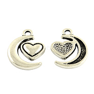 Tibetan Style Alloy Pendants, Cadmium Free & Nickel Free & Lead Free, Moon & Heart, Antique Silver, 17.5x13.5x2.5mm, Hole: 2mm, about 729pcs/1000g(TIBEP-5456-AS-FF)