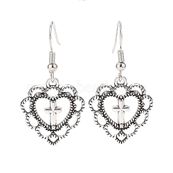 Alloy Heart with Cross Dangle Earrings for Women, Antique Silver, 38mm, Pin: 0.6mm(EJEW-JE05133)
