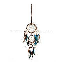Indian Style ABS Woven Web/Net with Feather Pendant Decorations, with Wood and Plastic Beads, Covered with Villus and Nylon Cord, Flat Round, Colorful, 815mm(AJEW-B016-06)